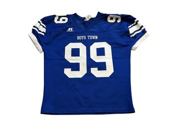 Camisa de futebol Russell Athletic masculina tamanho XL azul infantil Town 99 Excelente malha com decote em V