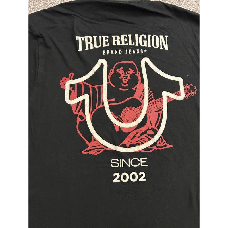 True Religion T-Shirt Mens Medium Black Excellent Buddha Graphic Since 2002 Logo image 2