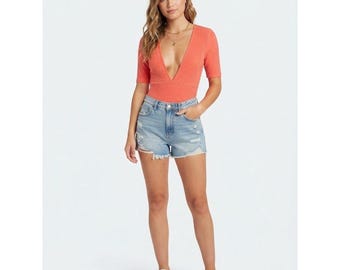 UK2LA Bodysuit Womens Small Orange Excellent Ribbed Deep V Neck Short Sleeve