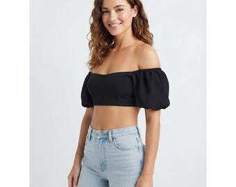Hyfve Crop Top Women Medium Black Excellent Puff Sleeve Square Neck HF22E642-SET