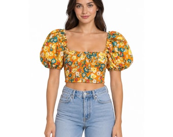 Zara Boho Smocked Crop Top Womens Medium Orange Floral Puff Sleeve Square Neck