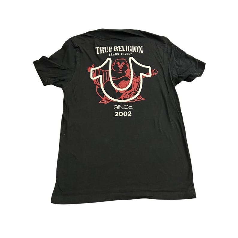 True Religion T-Shirt Mens Medium Black Excellent Buddha Graphic Since 2002 Logo image 1