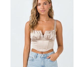 Garage Corset Top Womens XS Champagne Gold Excellent Satin Boned Crop Bustier