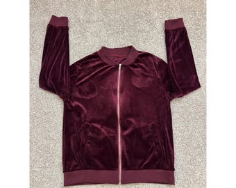 Y2K Soft Velvet Bomber Jacket Womens L Burgundy Excellent Soft Zip Up Pocket