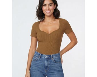 H&M Ribbed Bodysuit Womens Medium Brown Excellent Short Sleeve Notched Neck