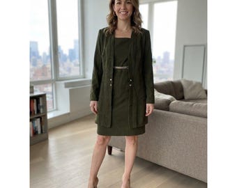 Helene Blake Jacket & Dress Set Womens 12 Olive Green Excellent Gold Chain Set