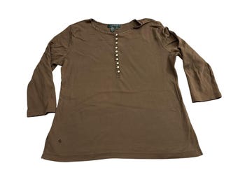 Haut à col boutonné Lauren Ralph Lauren pour femme L Marron Excellente manche 3/4 en coton côtelé