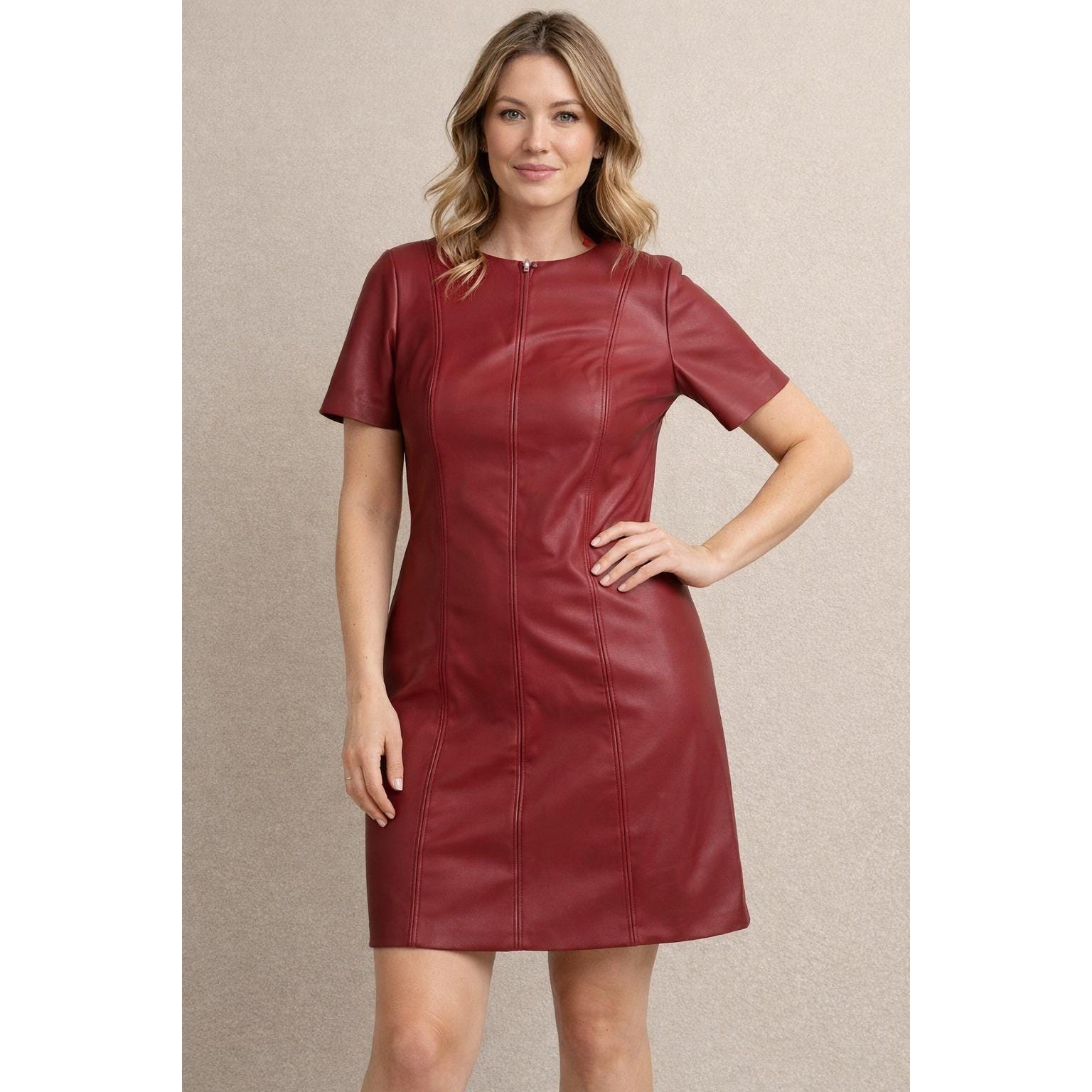 knee length dresses for ladies Rena Brown Faux Leather Dress