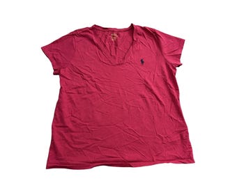 T-shirt Polo Ralph Lauren Large Femme Magenta Rose Col V en coton