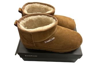 Bebe Ankle Boots Womens Size 11 Brown NEW Rhinestone Logo Faux Fur Lined