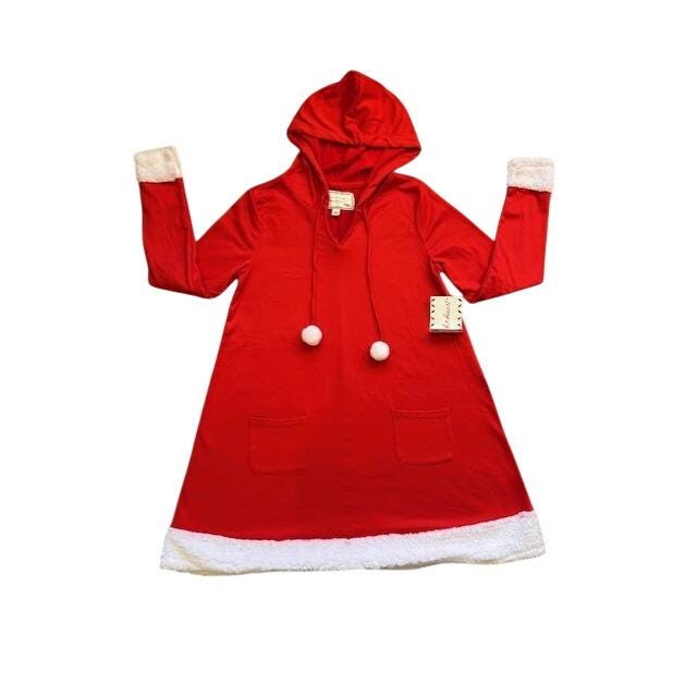 derek heart christmas dress Red Santa Holiday Hooded Faux Fur Trim Pom Poms Women's M Mini Beaded Dress in