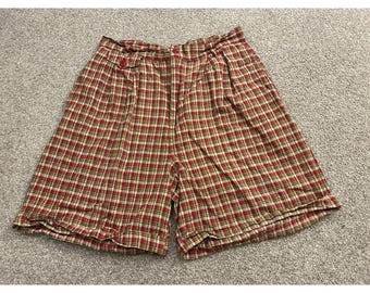 Pantaloncini a quadri Ship 'n Shore da donna, taglia 14, rossi e gialli, in misto lino di alta qualità, con pieghe.