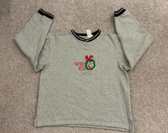 Y2K Dr. Seuss The Grinch Sweatshirt Mens Medium Gray Excellent Embroide Holiday