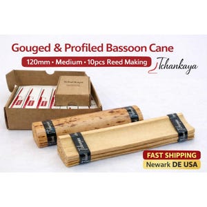 May include: A collection of bassoon reed-making supplies. The image shows gouged and profiled bassoon cane, a box of reeds, and a small box. Text on the image reads "Gouged & Profiled Bassoon Cane 120mm Medium 10pcs Reed Making".