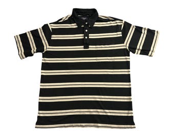 Camisa polo Roundtree & Yorke para hombre, talla grande, color negro/marrón claro, excelente, a rayas, con bolsillo.