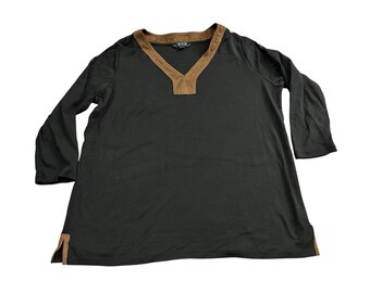 Top Lauren Ralph Lauren pour femme XL, noir marron, bordure en daim, col en V, coton