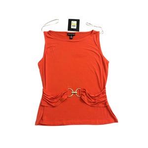 Halston Ruched Sleeveless Knit Top – Gold Buckle Detail, Orange, Size M
