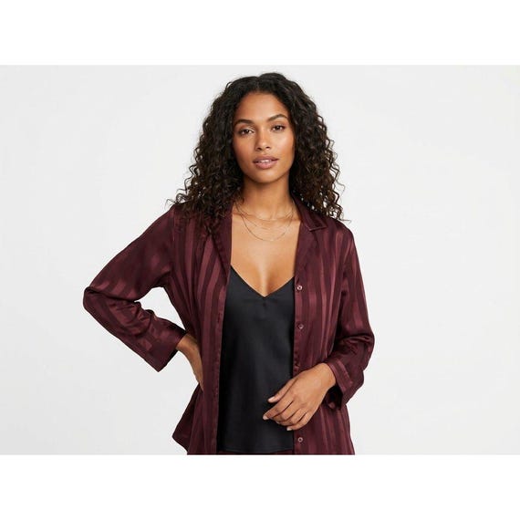 Halston, 90s Halston Button Down Blouse Womens PM Burgundy Striped Long Sleeve Satin Top