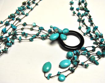Vintage Turquoise Hand Beaded and Knotted Necklace