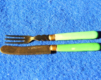 Antique Green Porcelain handle with Brass Flatware Children's Toy Made in Austria MAK
