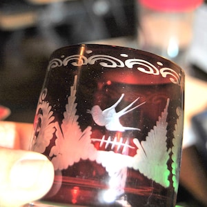 May include: A ruby red glass with etched white designs. The glass features a bird in flight over a fence, surrounded by stylized foliage. The rim has a decorative white pattern. The glass is held in a hand.