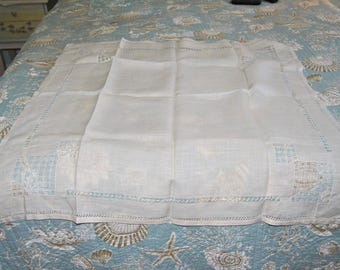 Vintage Linen Tablecloth with Drawn Thread Work pulled thread