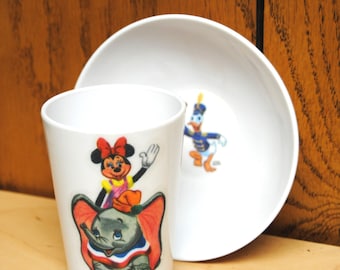 Vintage Walt Disney Melamine Bowl and Cup with Minnie Mouse, Dumbo, and Donald Duck