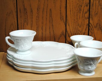 Vintage Indiana Colony Harvest Milk Glass Platter with Cup 4 sets sold together