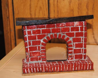 Vintage Dollhouse Brick Plaster Fireplace with Wood Mantel