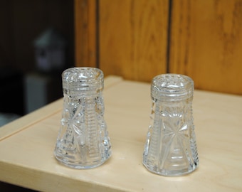 Vintage Heavy Cut Glass Salt and Pepper Shakers with Glass tops
