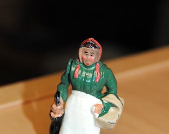 Vintage Cast Lead Woman with Basket and Umbrella Moveable Arm made in England