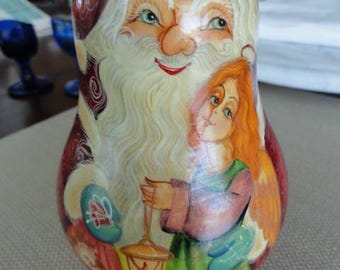 Bambola di Babbo Natale russa Roly Poly in legno dipinta a mano, vintage ABGGoodStuff