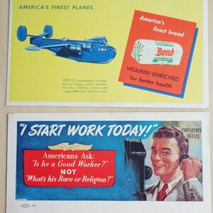 May include: A vintage postcard featuring a blue and white image of a Consolidated Coronado aircraft, a yellow background, and the text "America's Finest Planes". The bottom of the postcard includes text detailing the plane's specifications. On the right side of the postcard is a red and white image of a loaf of bread with the text "America's Finest Bread" and "Bond Vitamin-Enriched for Better Health".