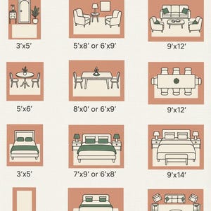 May include: A rug size chart with illustrations of rooms and furniture layouts. The chart includes dimensions such as 3'x5', 5'x8', 6'x9', 9'x12', 9'x14', 10'x5', 12'x15', and more. The text "RUG SIZE CHART" is at the top.