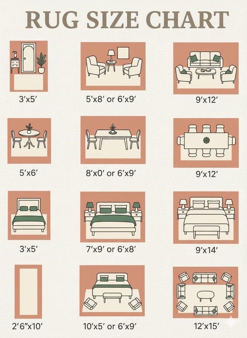 May include: A rug size chart with illustrations of rooms and furniture layouts. The chart includes dimensions such as 3'x5', 5'x8', 6'x9', 9'x12', 9'x14', 10'x5', 12'x15', and more. The text "RUG SIZE CHART" is at the top.