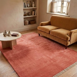 Minimalist burnt orange wool rug living room decor
