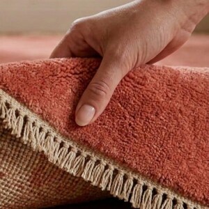 Luxury hand knotted terracotta rug wooden floor