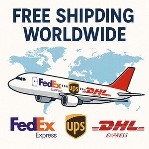 May include: A cartoon airplane with a red tail and the logos of FedEx, UPS, and DHL. The text "FREE SHIPDING WORLDWIDE" is at the top, with a light blue world map in the background.