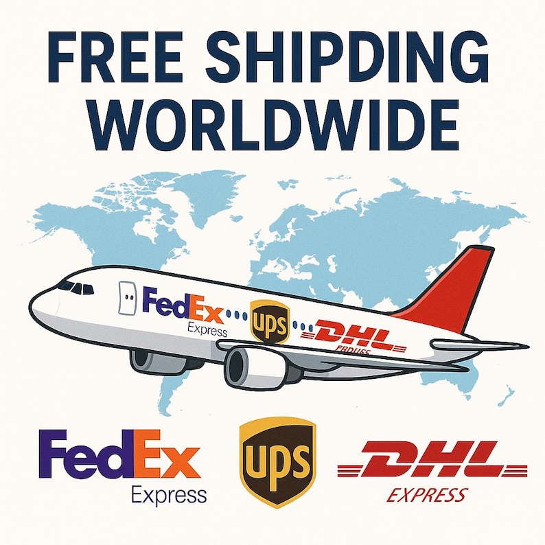 May include: A cartoon airplane with a red tail and the logos of FedEx, UPS, and DHL. The text "FREE SHIPDING WORLDWIDE" is at the top, with a light blue world map in the background.