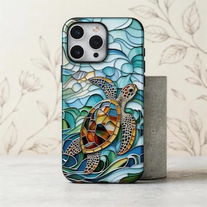 Stained Glass Sea Turtle Phone Case, Faux Ocean Mosaic, Gift for Her, iPhone 17 16 15 14 13 Pro Max, Samsung S26 S25 S24 S23 Ultra