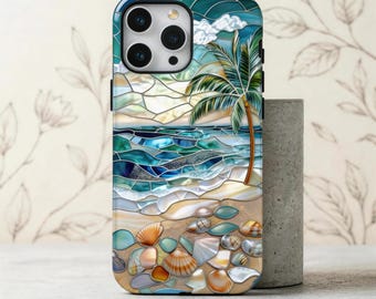 Stained Glass Ocean Waves Phone Case, Coastal Seashell Tropical Art Cover for iPhone 17 16 15 14 13 Pro Max Mini, Galaxy S26 S25 S24 S23