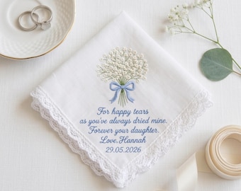 Custom Wedding Handkerchief, Personalized Mother of the Bride Gift, Embroidered Bridal Keepsake, Baby’s Breath Flower Hanky
