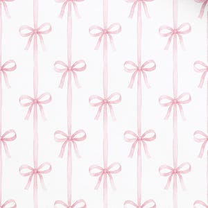 May include: A repeating watercolour pattern of pink bows and ribbons on a white background. The ribbons hang vertically, each tied with a delicate bow. The design has a soft, elegant feel, suitable for gift wrap or stationery.