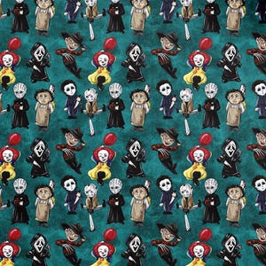 May include: A teal fabric featuring a repeating pattern of cartoon horror movie characters. The characters include Pennywise, Ghostface, Freddy Krueger, and others. Each character is depicted in a cartoon style.