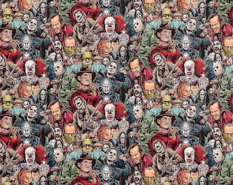 Può includere: Un motivo ripetuto con un collage di personaggi di film horror. Il design include Freddy Krueger con un maglione e un cappello a righe, Michael Myers con una maschera e Pennywise il clown. La tavolozza dei colori è un mix di rossi, verdi e marroni.