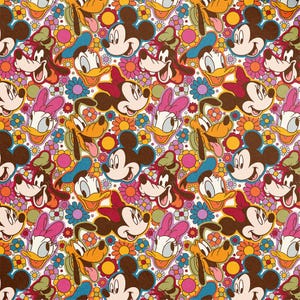 May include: A colorful pattern featuring Mickey Mouse, Minnie Mouse, Donald Duck, Daisy Duck, and Pluto, interspersed with vibrant flowers. The design has a retro, psychedelic aesthetic with a white background and a repeating motif.