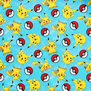 May include: A repeating pattern of yellow Pikachu characters and red and white Poké Balls on a light blue background. The cartoon characters are in various poses, creating a playful and vibrant design.