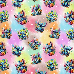 May include: A repeating pattern featuring the character Stitch from Lilo & Stitch. The blue alien is surrounded by colorful floral elements and butterflies, set against a pastel watercolor background with the word "Leo".