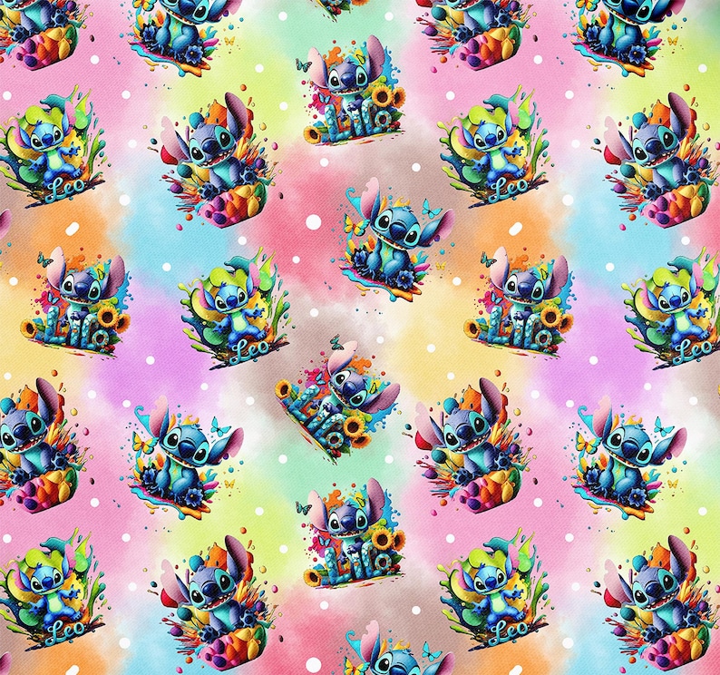 May include: A repeating pattern featuring the character Stitch from Lilo & Stitch. The blue alien is surrounded by colorful floral elements and butterflies, set against a pastel watercolor background with the word "Leo".