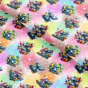 May include: A colorful fabric featuring a repeating pattern of the character Stitch from Lilo & Stitch. The design showcases Stitch surrounded by flowers and butterflies against a watercolor-style background with pink, blue, yellow, and orange hues.